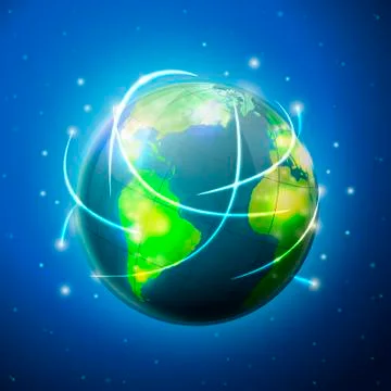 Vector illustration - earth in deep space, with light flying around Stock Illustration