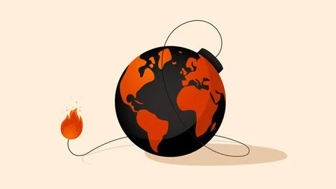 Vector illustration of the Earth globe in a shape of a bomb with a lit fuse. Stock Illustration