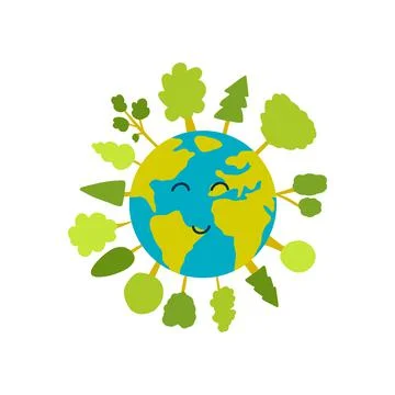 Vector illustration of Earth planet with trees around in cartoon hand drawn Stock Illustration