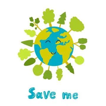 Vector illustration of Earth planet with trees around in cartoon hand drawn Stock Illustration