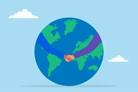 Vector illustration of the Earth with two hands extending from it to shake Stock Illustration