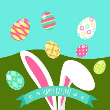 Vector illustration of Easter bunny ears and colored eggs greeting card on green Stockillustratie