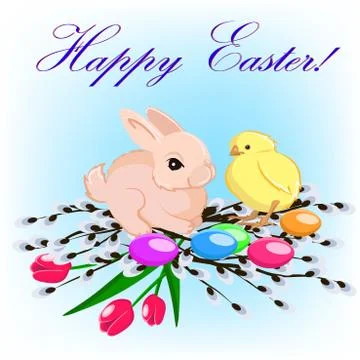 Vector illustration of easter card with a bunny and a chick Stock Illustration