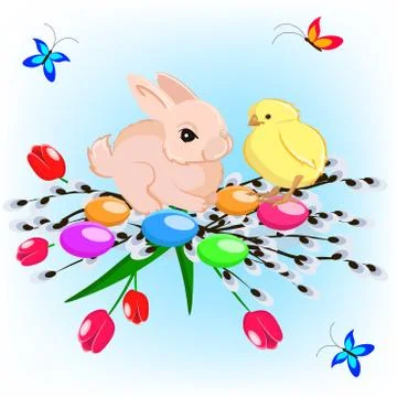 Vector illustration of easter card with a bunny, a chicken and butterflies Stock Illustration