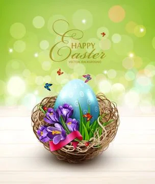 Vector illustration. Easter card with colorful eggs and crocuses, lying in a Stock Illustration