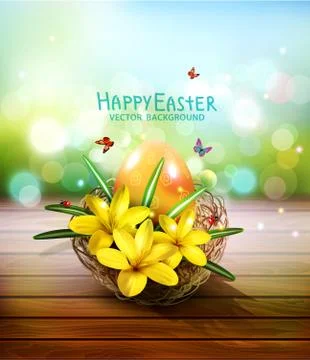 Vector illustration. Easter card with colorful eggs and crocuses, lying in a Stock Illustration