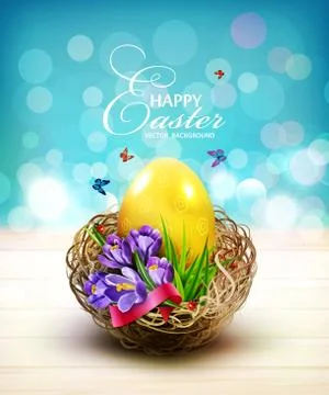 Vector illustration. Easter card with colorful eggs and crocuses, lying in a Stock Illustration