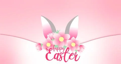 Vector illustration, Easter card, pink flowers, rabbit ears. Stock Illustration