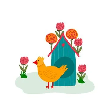 Vector illustration with an Easter chicken. Cartoon greeting card with yellow Stock Illustration