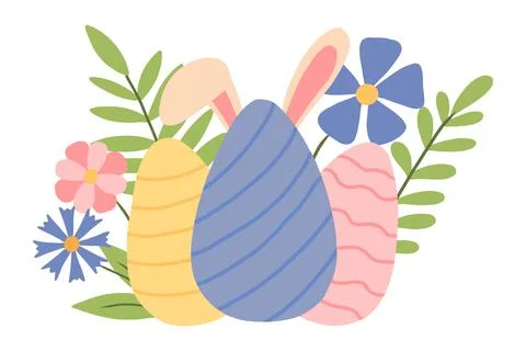 Vector illustration of Easter eggs and flowers. Stock Illustration