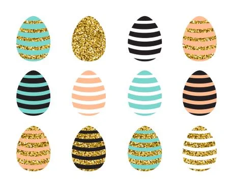 Vector illustration of easter eggs set with striped pink blue gold eggs Stock Illustration