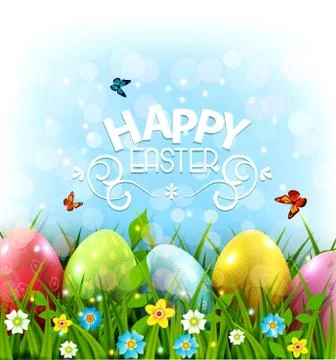 Vector illustration. Easter greeting card with colorful eggs lying on the gre Illustrazione stock