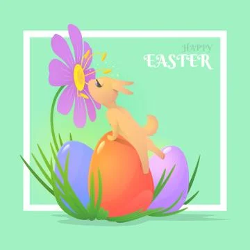 Vector illustration of Easter holiday with a cute brown rabbit. Stock Illustration