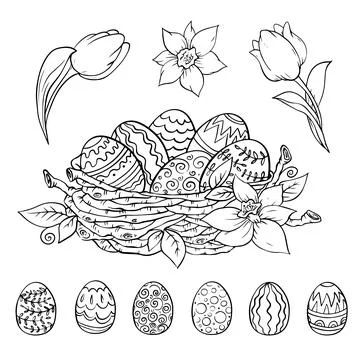 Vector illustration easter nest with eggs and tulips hand drawn in doodle style Illustrazione stock