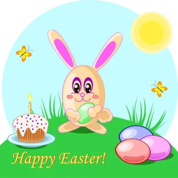 Vector illustration of easter rabbit eggs and cake. Holliday card 스톡 일러스트