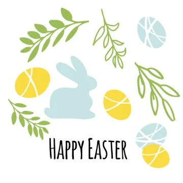 Vector illustration Easter symbols Easter egg, rabbit. Happy Easter greeting Stock Illustration
