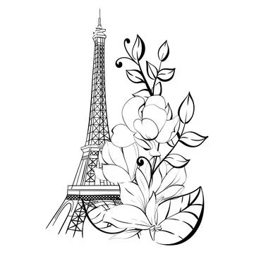 Vector illustration of Eiffel Tower and flower. Magnolia springtime romantic in イラスト素材