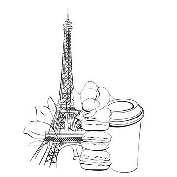 Vector illustration of Eiffel Tower and macaroons, coffee cup. Romantic street イラスト素材