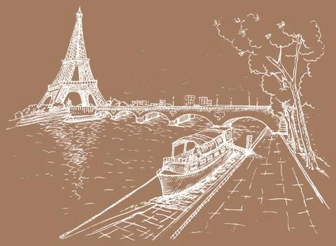 Vector illustration of Eiffel Tower in sketch style, hand drawn illustration. Stock Illustration