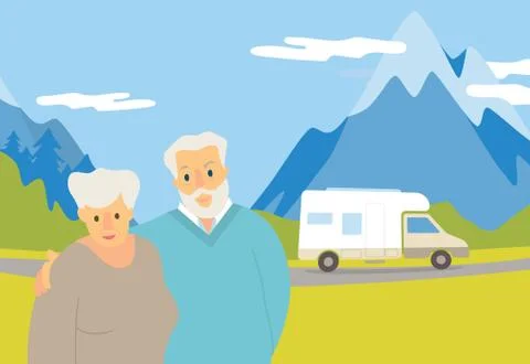 Vector illustration of an elderly couple. The concept of van life. 스톡 일러스트