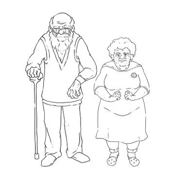 Vector illustration of an elderly couple. An old man with glasses and a cane, an Illustrazione stock