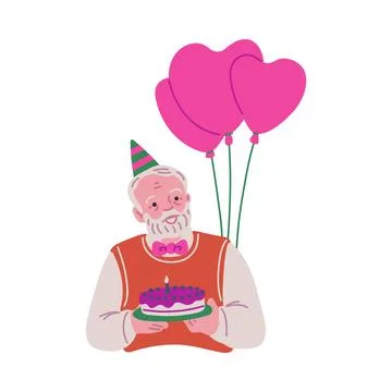 Vector illustration of an elderly man in a festive hat holding a cake with a  Stock Illustration