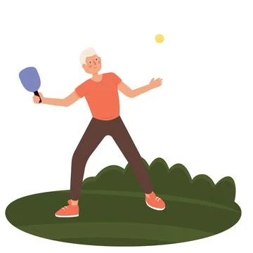 A vector illustration of Elderly People Playing Pickleball Outdoor Stock Illustration