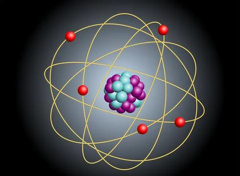 Vector illustration of elementary particles in atom. Physics concept. Stock Illustration