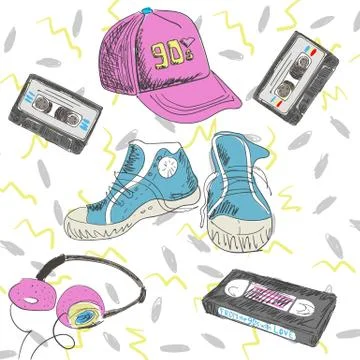 Vector illustration - elements of the 90s. Cassettes, sneakers, joystick, cap Stock Illustration