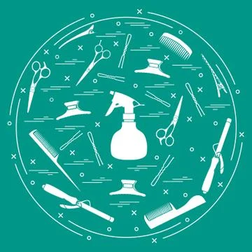 Vector illustration elements arranged in a circle: curling iron, hairclip, co Stock Illustration