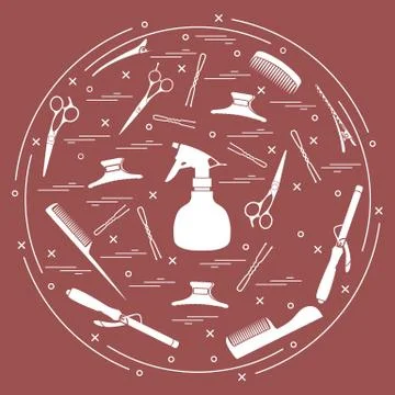 Vector illustration elements arranged in a circle: curling iron, hairclip, co Stock Illustration