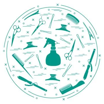 Vector illustration elements arranged in a circle: curling iron, hairclip, co Stock Illustration