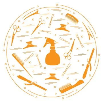 Vector illustration elements arranged in a circle: curling iron, hairclip, co Stock Illustration