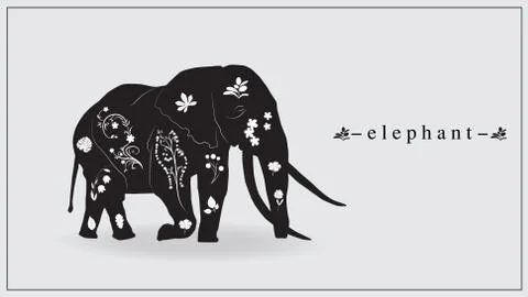 Vector illustration of an elephant in black with white flowers and plants. EP Stock Illustration