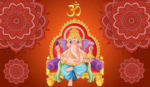 Vector Illustration of Elephant Headed Hindu Deity Ganesha on Golden Throne 스톡 일러스트