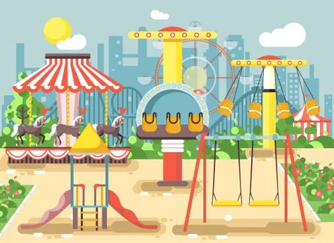 Vector illustration of empty amusement park outdoor with swings, chain or horses Ilustração Stock
