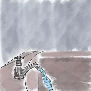 Vector illustration of an empty bathroom with an open tap from which water flows Stock Illustration