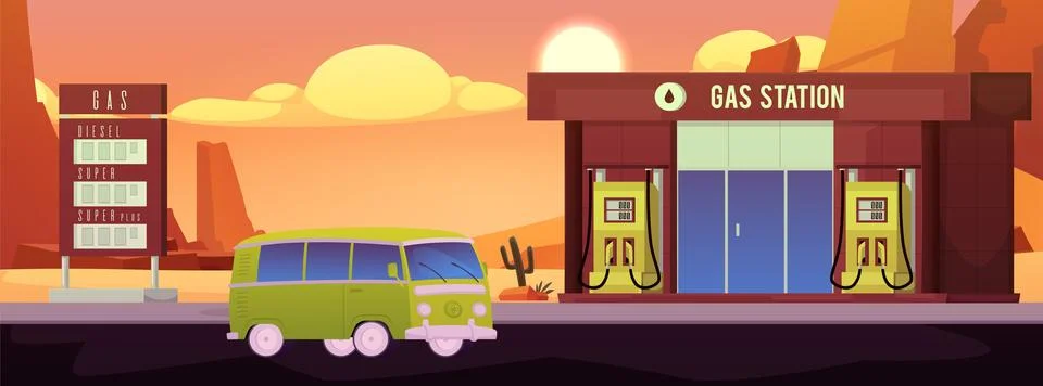 Vector illustration of an empty landscape with a bus driving next to a gas st Stock Illustration