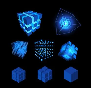 Vector illustration of energy blue cubes set, different shapes, glowing with Stock Illustration