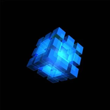 Vector illustration of energy glowing cube with small blocks. 스톡 일러스트