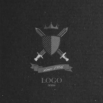 Vector illustration with engraving crossing swords, shield and crown  in flat Stock Illustration