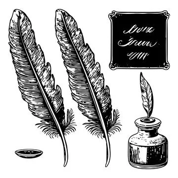 A vector illustration in engraving style depicting a feather pen and inkwel.. Stock Illustration
