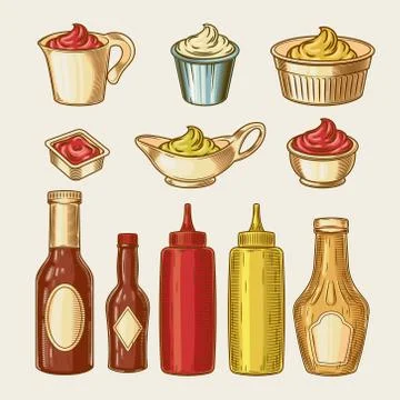 Vector illustration of an engraving style set of different sauces in saucepans Stock Illustration
