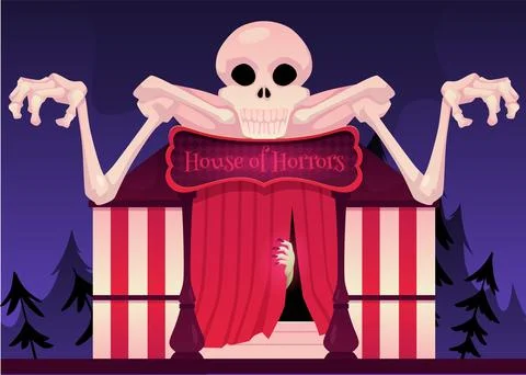 Vector illustration of entrance to horror house with skeleton. Ilustración de archivo