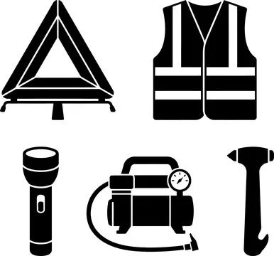 Vector illustration of essential car emergency kit items silhouette, includ.. Illustration