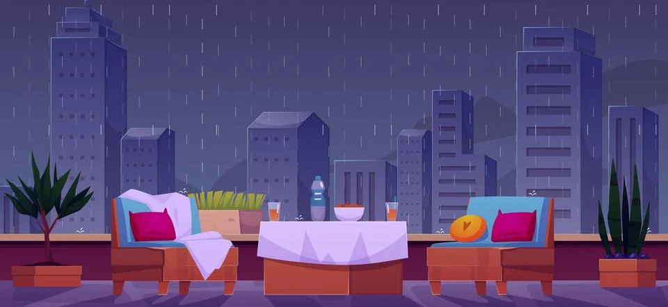 Vector illustration with evening balcony with a view of the city in the rain. Illustrazione stock