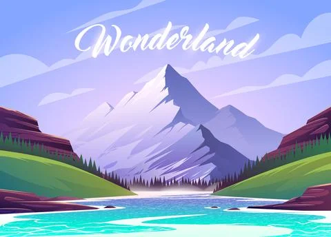 Vector illustration. Exciting view. A great mountain is surrounded river. 1 Stock Illustration