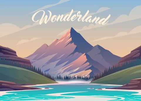 Vector illustration. Exciting view. A great mountain is surrounded river. 2 Stock Illustration