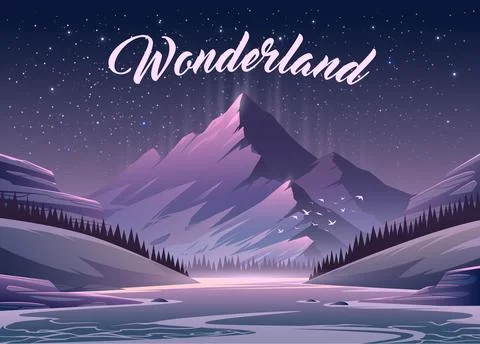 Vector illustration. Exciting view. A great mountain is surrounded river. 3 Stock Illustration