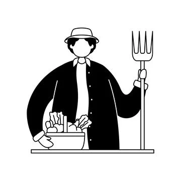 Vector illustration of a farmer with a pitchfork in his hand and a basket of  Stock Illustration